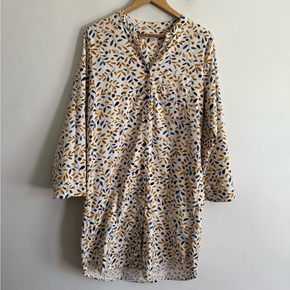 Garnet Hill Organic Pima Cotton Floral Print Dress in Blue and Tan - Picture 1 of 7